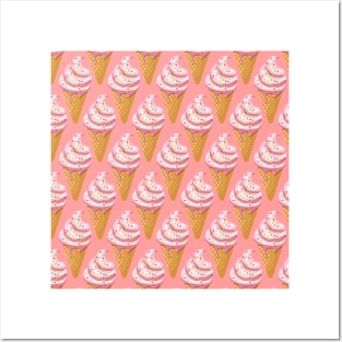 Strawberry sundae melting ice cream pattern in waffle cone Posters and Art